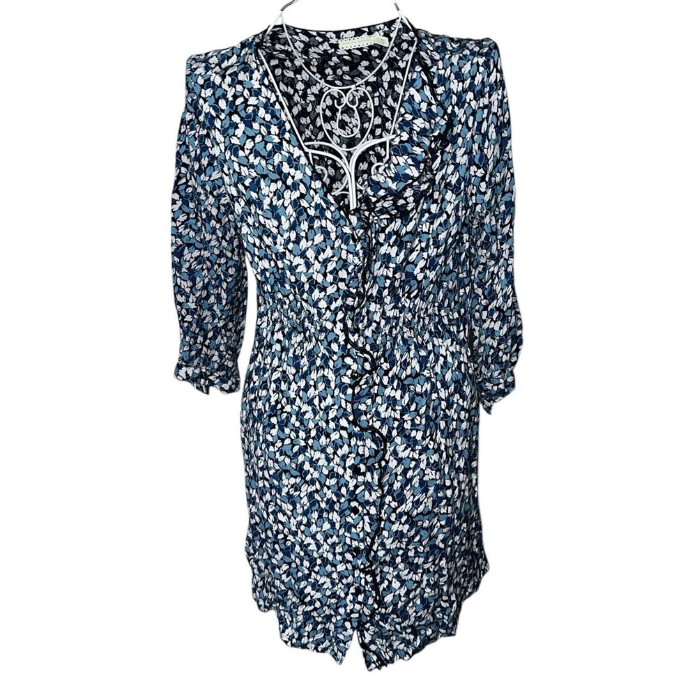 Beautiful Urban Outfitters‎ Pins and Needles Blue Leaf Print Ruffle Button Front